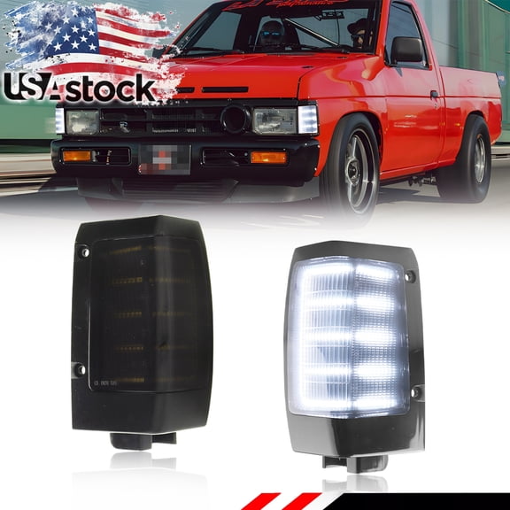 2PCS Smoked Lens Front Corner Side Marker Light Turn Signal Light Turn Warning Light Parking Light  With White LED For 1990 1991 1992 1993 1994 1995 1996 1997 Nissan D21 Pickup