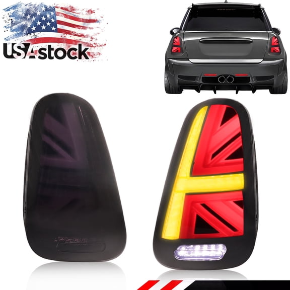 2PCS Smoked Lens Rear Bumper Union Jack Tail Light Brake Light Backup Light Reverse Light Turn Signal Light DRL Light W/Red/White/Amber LED For 2001-2008 Mini Cooper R50 R53 Hatchback R52 Convertible