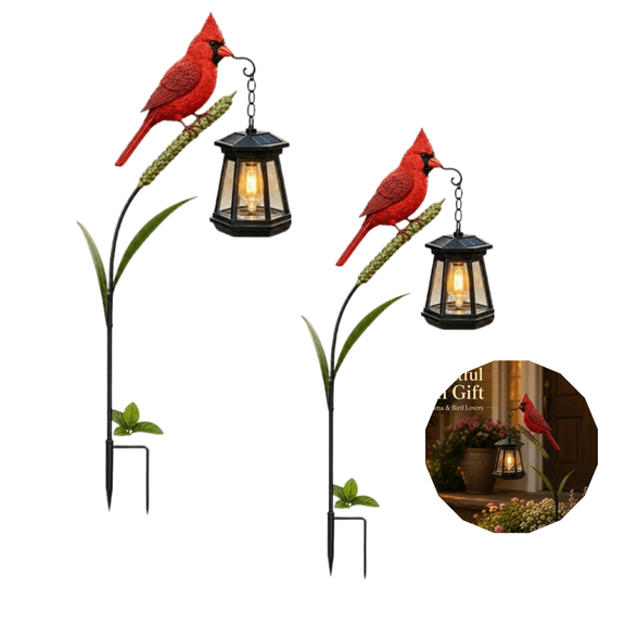 2PCS Solar Cardinal Bird Garden Stake Lights, Auto On/Off Rustic Lantern Cardinal Solar Light, Cardinal Garden Stake Solar Light for Lawn Pathway Yard Patio Decor
