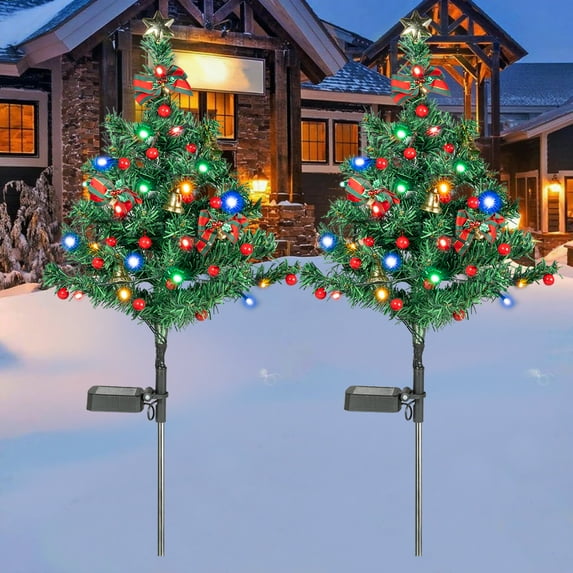2PCS Solar Christmas Decorations Trees Lights Outdoor Waterproof, 20LED-Lights Solar Yard Decorative, Solar Stake Lights Xmas Tree Garden Decor with Constant & Flashing Modes for Pathway Lawn Patio