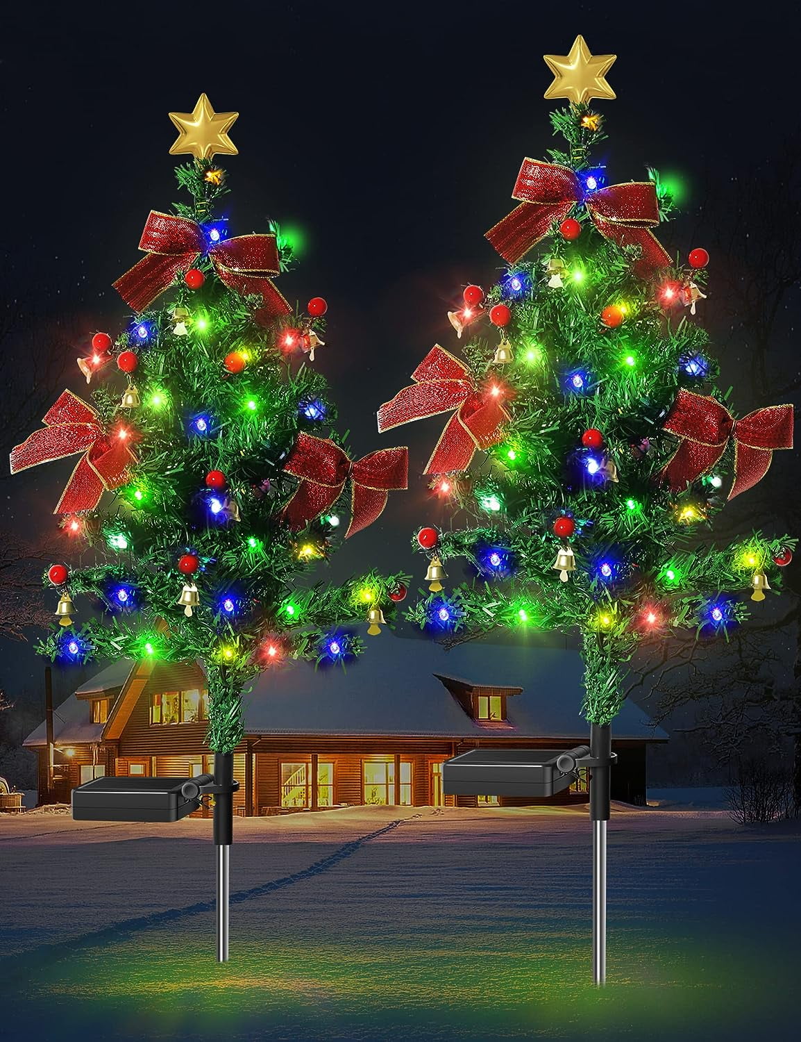 2PCS Solar Christmas Decorations Trees Lights Outdoor Waterproof, 20LED-Lights Solar Yard Decorative, Solar Stake Lights Xmas Tree Garden Decor with Constant & Flashing Modes for Pathway Lawn Patio