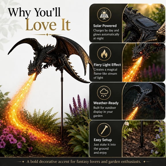 2PCS Solar Dragon Fire Garden Light, LED Solar Dragon Fire Garden Stake Light, Goth Solar Lights Outdoor Dragon Decor for Garden, Yard, Pathway