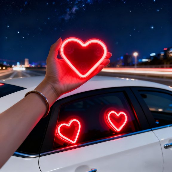 2PCS Solar Powered Wireless LED Heart Shape C-Pillar Neon Light, Five Lighting Modes Wireless LED Car Interior Decoration, Romantic Ambient Gift for Couples