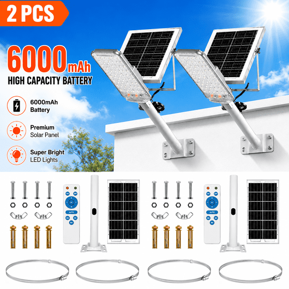2PCS Solar Street Lights Outdoor - IP65 Waterproof LED Solar Lawn Light with Remote Control, 6000mAh Ultra-Bright Street Lights for Yard, Garage, Deck & Patio