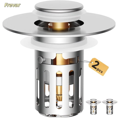 2PCS Solid Metal Bathroom Sink Stopper-Brass Core & Stainless Steel Construction-Dual Function Bathroom Sink Drain Strainer-Universal Fit 99% Bathroom Drain-(1.1'' to 2.36'' inch)
