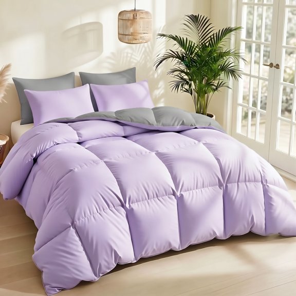 2PCS Solid Thick Quilted Comforter Set, 1 Comforter + 1 Pillow Sham, Suitable For All Seasons.(Pale Purple Grey)