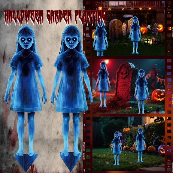 2PCS Spooky Ghost Twin Yard Stakes, 15.75" Blue Haunted Girl Halloween Decor for Outdoor Lawns