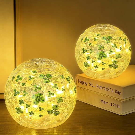2PCS St Patrick's Day Decorations with Lights, 4'' Lighted Shamrock Decorative Ball, Light Up Clover Globe Night Light Tabletop Decor for Home Lamp Table Centerpieces Gift for JEWLALO