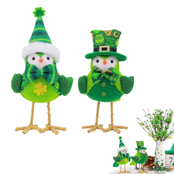 2PCS St. Patrick’s Day Featherly Friends Birds - Table Decor and Figurines, St. Patrick’s Day Decorations, Farmhouse Style Bird Figurines for Indoor Display, Holiday Home Accents