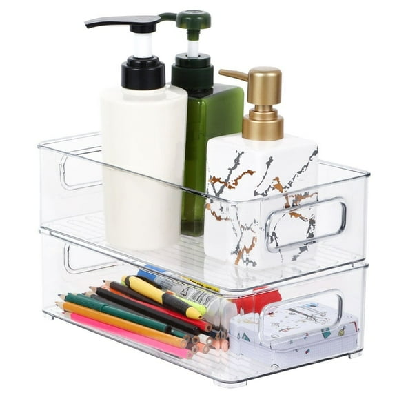 2PCS Stackable Acrylic Storage Bins, Clear Organizers with Handles for Pantry, Countertop, Shelves, Cabinet, Household Food Storage Containers with Open Top, Desktop Stationery Organizer