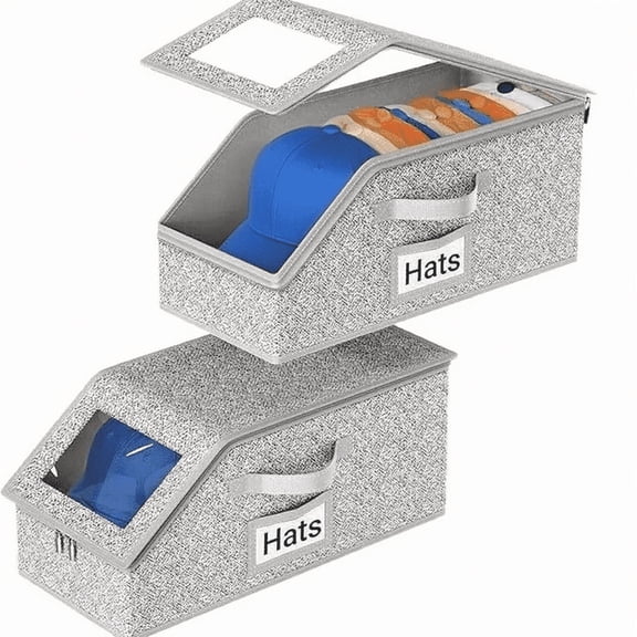 2PCS Stackable Hat Storage for Baseball Caps, Hat Storage Boxes for Closet, Holds up to 24 Caps with Cardboard, Hat Organizer for Women & Men(Two Clear Window) (Grey)