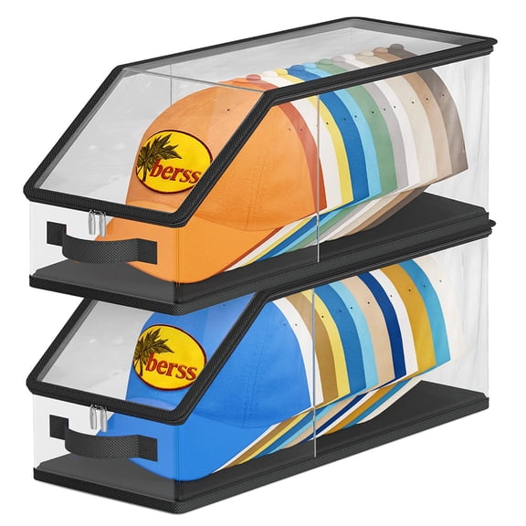 2PCS Stackable Hat Storage for Baseball Caps, Clear Hat Organizer for Closet Holds up to 24 Caps, Men‘s Hat Box Display with Cardboard (Grey)