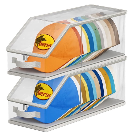 2PCS Stackable Hat Storage for Baseball Caps, Clear Hat Organizer for Closet Holds up to 24 Caps, Men‘s Hat Box Display with Cardboard (Grey)