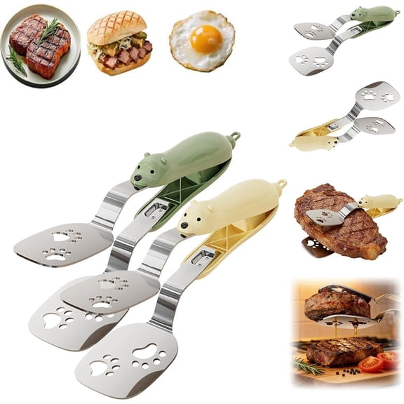 2PCS Stainless Steel Bear Pancake Griddle Clip with 9.5Inch Thickened Handle Grill, 2-in-1 Cute Bear Spatula Tongs with Locking Clip for Steak, Eggs, Pancake