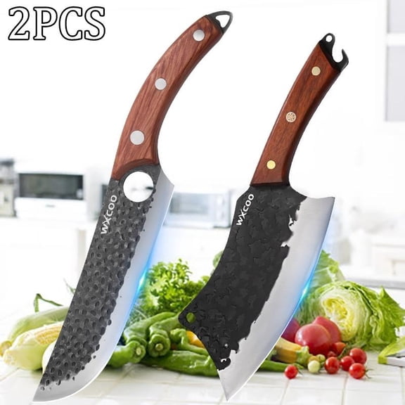 2PCS Stainless Steel Boning Knife and Santoku Knife Set for Vegetable Chopping Multipurpose Utility Kitchen Knives for Cooking Meat Cleaving Outdoor Barbecue Sharp Camping Handmade Forged