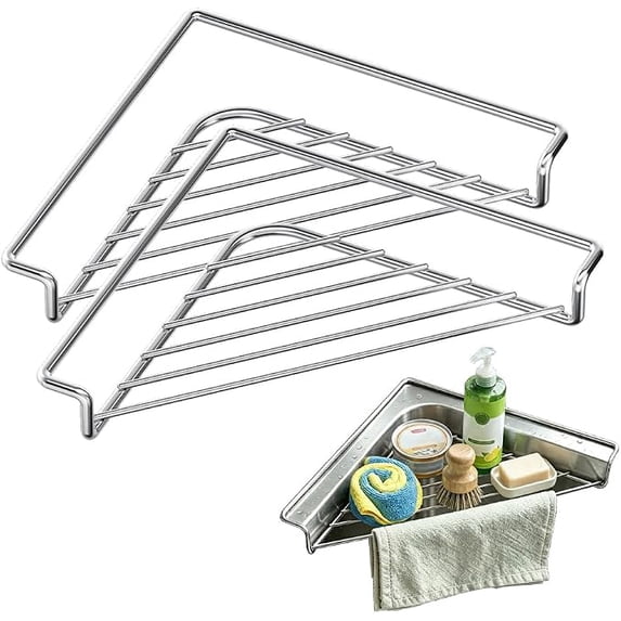 2PCS Stainless Steel Corner Sink Shelf Dish Rack Triangular Open Wire Sink Corner Caddy For Sponges Soap Scrub Brushes Kitchen Organizer Maximize Sink Corner Space Tool Free Installation