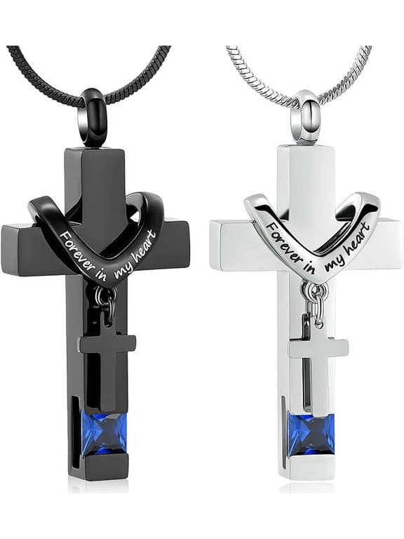 2PCS Stainless Steel Double Cross Necklace Memorial Cremation Ashes Urn Pendant Necklace Keepsake Jewelry for Adult Ashes with Birthstone