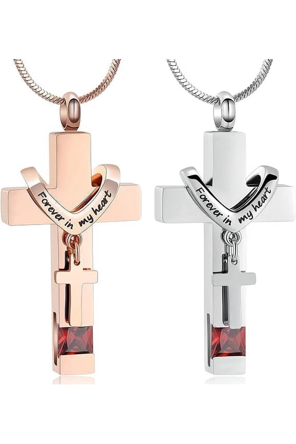 2PCS Stainless Steel Double Cross Necklace Memorial Cremation Ashes Urn Pendant Necklace Keepsake Jewelry for Adult Ashes with Birthstone