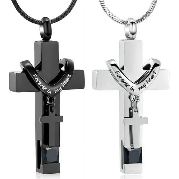 2PCS Stainless Steel Double Cross Necklace Memorial Cremation Ashes Urn Pendant Necklace Keepsake Jewelry for Adult Ashes with Birthstone