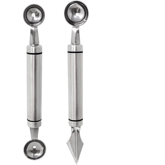 2PCS Stainless Steel Double-Headed Melon Baller Scoop Fruit Carving Knife Dual-Purpose Cooking Spoon Kitchen Tools for Watermelon Cantaloupe Ice Cream Sorbet Dessert