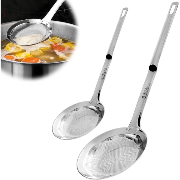 2PCS Stainless Steel Fine Mesh Strainer,Fat Skimmer Spoon,2 Sizes Long Handle Kitchen Skimmer StrainersFine Mesh Sieve For Cooking, Frying, Pasta, Egg, Foam