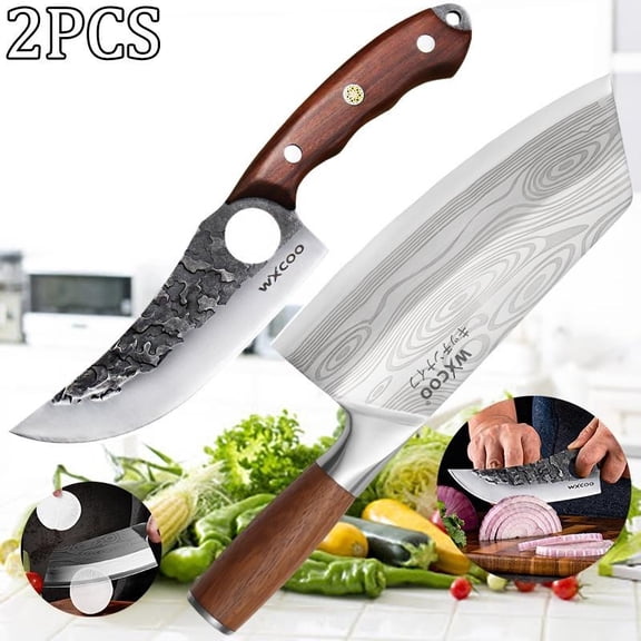 2PCS Stainless Steel Kitchen Knife with Wooden Handles Professional Multipurpose Cutting and Paring Knives Hand Forged Sharp Meat Cleaver Vegetable Chopper for Butchery Cooking and Food Preparation
