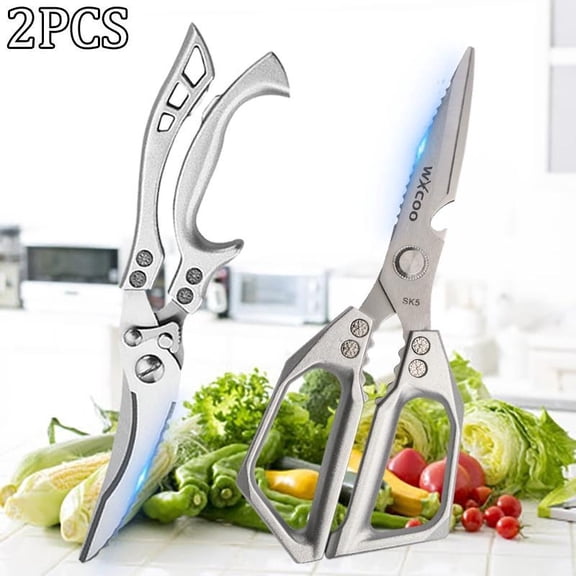 2PCS Stainless Steel Kitchen Scissors Ultra-Sharp Bone Scissors Meat Fruit Boning Duck Fish Clean Scissors Scale Knife Tool Poultry & Fish Cutter Cleaver Knife for Kitchen Convenience