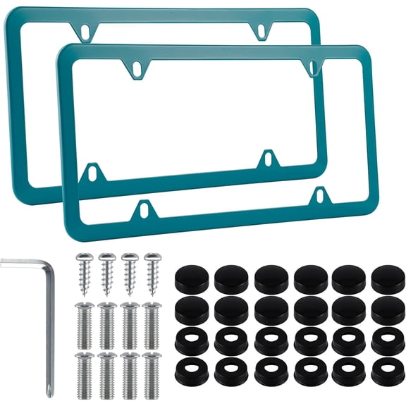 2PCS Stainless Steel License Plate Frames, 4 Holes Car Licence Plate Covers with Screws Washers and Caps, Car Exterior Accessories, License Plate Holder for US Vehicles (Green)