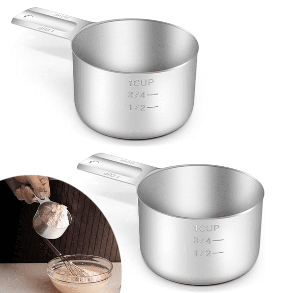 2PCS Stainless Steel Measuring Cup, 1 Cup Rice Measuring Cups (8 oz | 240 ml) Single Measure Cups, Kitchen Gadgets, Metal Measure Scoop for Cooking Baking, Dog Food Scoop