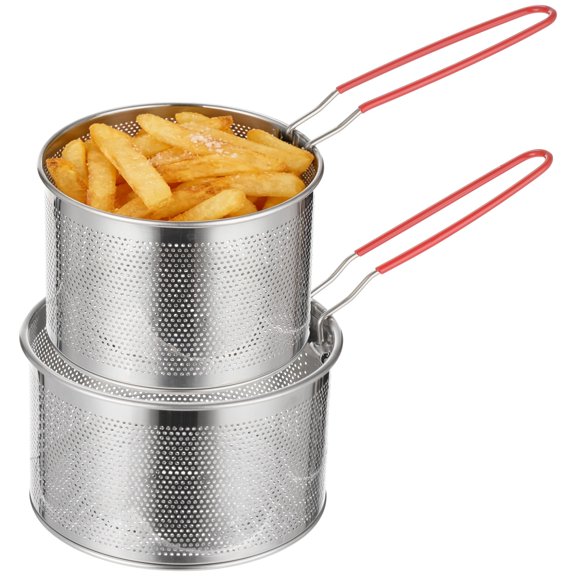 2PCS Stainless Steel Pasta Strainer Baskets, 2 Sizes Metal Noodle Strainer with Detachable Anti-Scald Handle, Fine Perforated Fryer Basket for Cooking, Boiling, Draining, Frying, Steaming