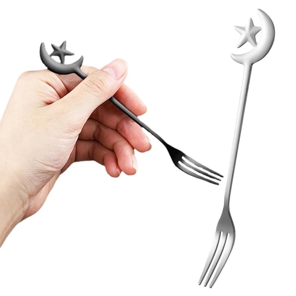 2PCS Star and Moon Stainless Fork and Spoon Set, Dessert Fork and Spoon, Household Coffee Stirring Spoon Fork, D