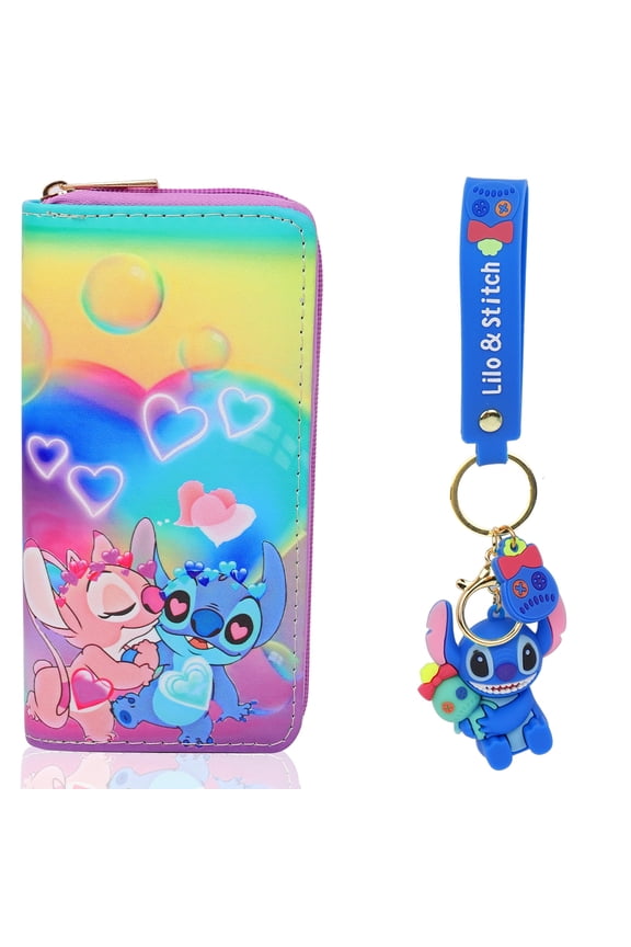 2PCS Stitch Wallet Keychain Two Pieces Long Wallet Cute Fashion Funny Pattern, Zipper Wallet