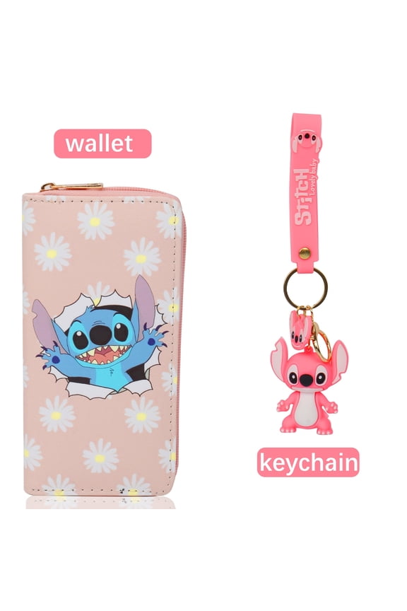 2PCS Stitch Wallet Keychain Two Pieces Long Wallet Cute Fashion Funny Pattern, Zipper Wallet