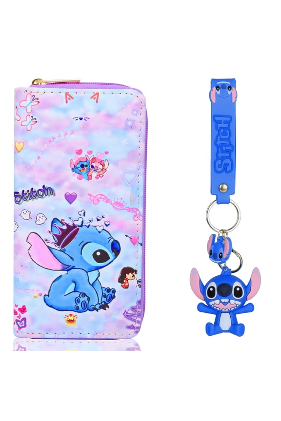 Pink Stitch Wallet Keychain Two Pieces Long Wallet Cute Fashion Funny Pattern, Zipper Wallet