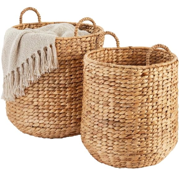 2PCS Storage Basket, Round Nesting Baskets W/Handles, Handwoven Water Hyacinth, Plant Holder, Laundry Basket, Storage Organizer, Tote Bins for Bedroom, Living Room, & Laundry Roo