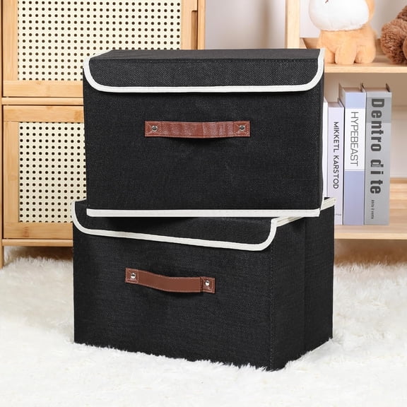 2PCS Storage Bin with Lid Storage Boxes with PU Leather Handles PP Plastic Board Decorative Foldable Lidded Cotton Linen Fabric Home Cubes Baskets Closet Organizer Container - Black, Medium