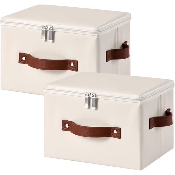 2PCS Storage Bins Box with Zippered Lid Decorative PU Leather Fabric Basket with Handles PP Plastic Board Foldable Washable Lidded Clothing Shelf Closet Organizer Container (Beige, Small)