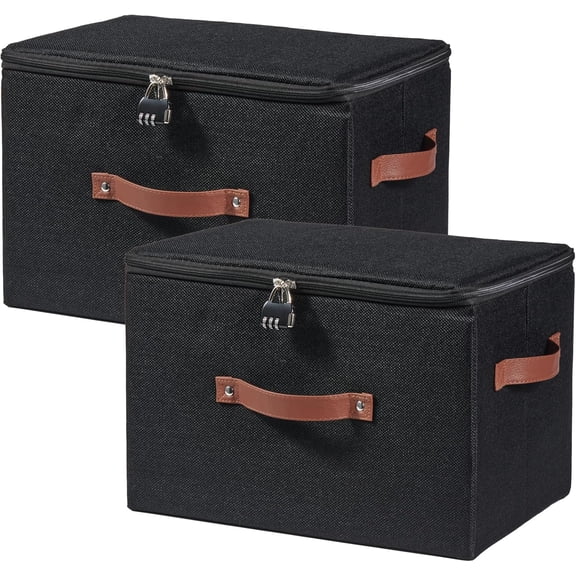 2PCS Storage Bins Boxes with Zipper Lid Combination Lock PU Leather Handles Cotton Linen Fabric Lidded Lockable Baskets Foldable Washable Closet Shelf Organizer Container (Black, Large)