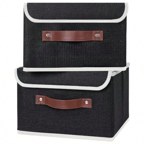 2PCS Storage Bins with Lid PU Leather Handles Storage Boxes PP Plastic Board Decorative Foldable Lidded Cotton Linen Fabric Home Cubes Baskets Closet Organizer Containers - Black Small Size
