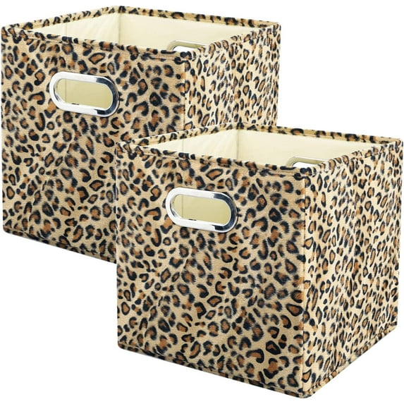 2PCS Storage Cubes Leopard Cheetah Print Velvet Fabric Storage Bins for Shelves, Collapsible Washable Closet Storage Baskets Boxes with Handles for Organizing and Storage -Brown, 11"x 11"x 11"