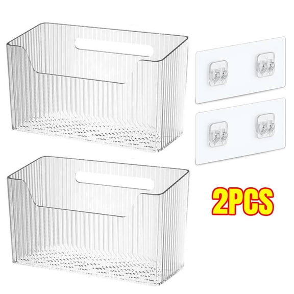 2PCS Storage Organizer Bins Wall Mounted Organizer Basket Large Size Clear Plastic Makeup Organizer Adhesive Hanging Bin for Bathroom Kitchen Pantry
