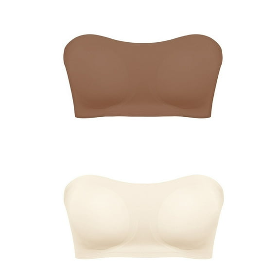 2PCS Strapless Bra for Women Comfort Non-Slip Seamless Padded Bandeau Bras Wireless Back Criss Cross Bra(coffee+beige XL)