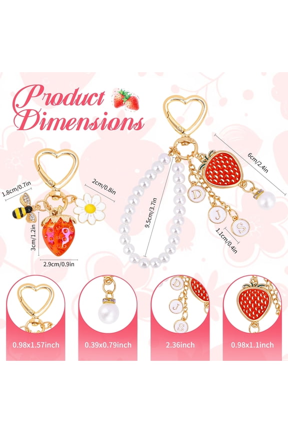 2PCS Strawberry Keychain Set - Kawaii Bag Charms with Heart Daisy Pearl, Cute Purse Accessories for Women Girls, Car Keychain Decor Gift