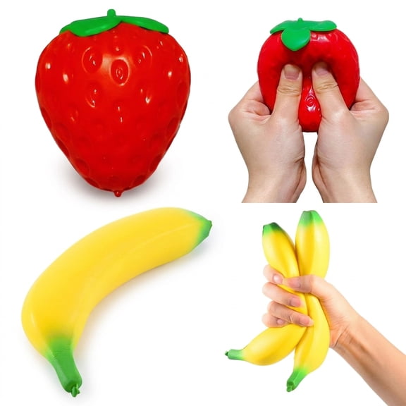 2PCS Stress Balls Fruit Squishy Set for Teens and Adults, Strawberry and Banana Squeeze Fidget for Desk Use, Party Favors, and Everyday Relaxation