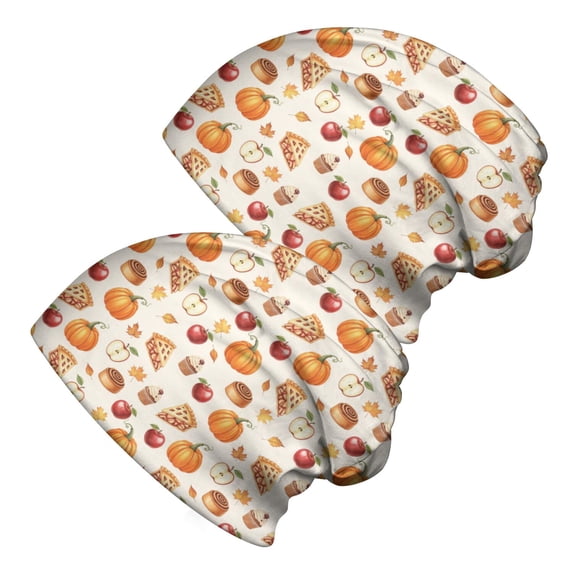 2PCS Stretch Knit Skull Beanie, Hip-Hop Style, Unisex, Lightweight,Apple Pumpkin Cinnamon Roll Fall Watercolor Pattern