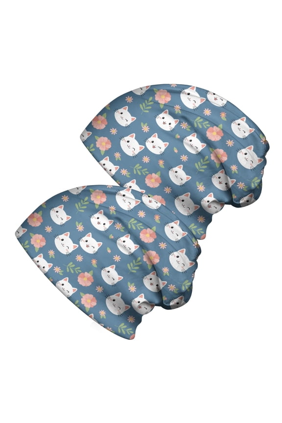 2PCS Stretch Knit Skull Beanie, Hip-Hop Style, Unisex, Lightweight,Cat Floral Blue Pattern