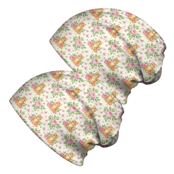 2PCS Stretch Knit Skull Beanie, Hip-Hop Style, Unisex, Lightweight,Cat Floral Rose Beige Pattern
