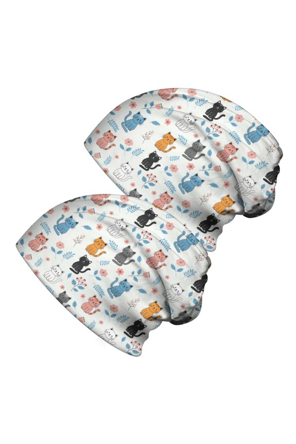 2PCS Stretch Knit Skull Beanie, Hip-Hop Style, Unisex, Lightweight,Cat Floral Variety Light Blue Pattern