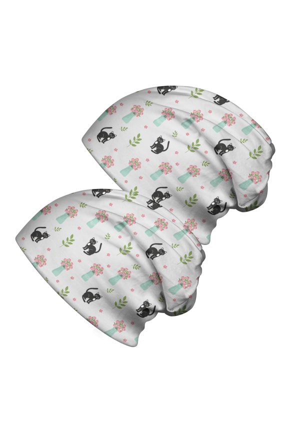2PCS Stretch Knit Skull Beanie, Hip-Hop Style, Unisex, Lightweight,Cat Floral Vase Black Gray Pattern