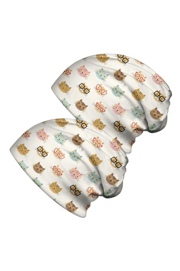 2PCS Stretch Knit Skull Beanie, Hip-Hop Style, Unisex, Lightweight,Cat Glasses Colorful Beige Pattern
